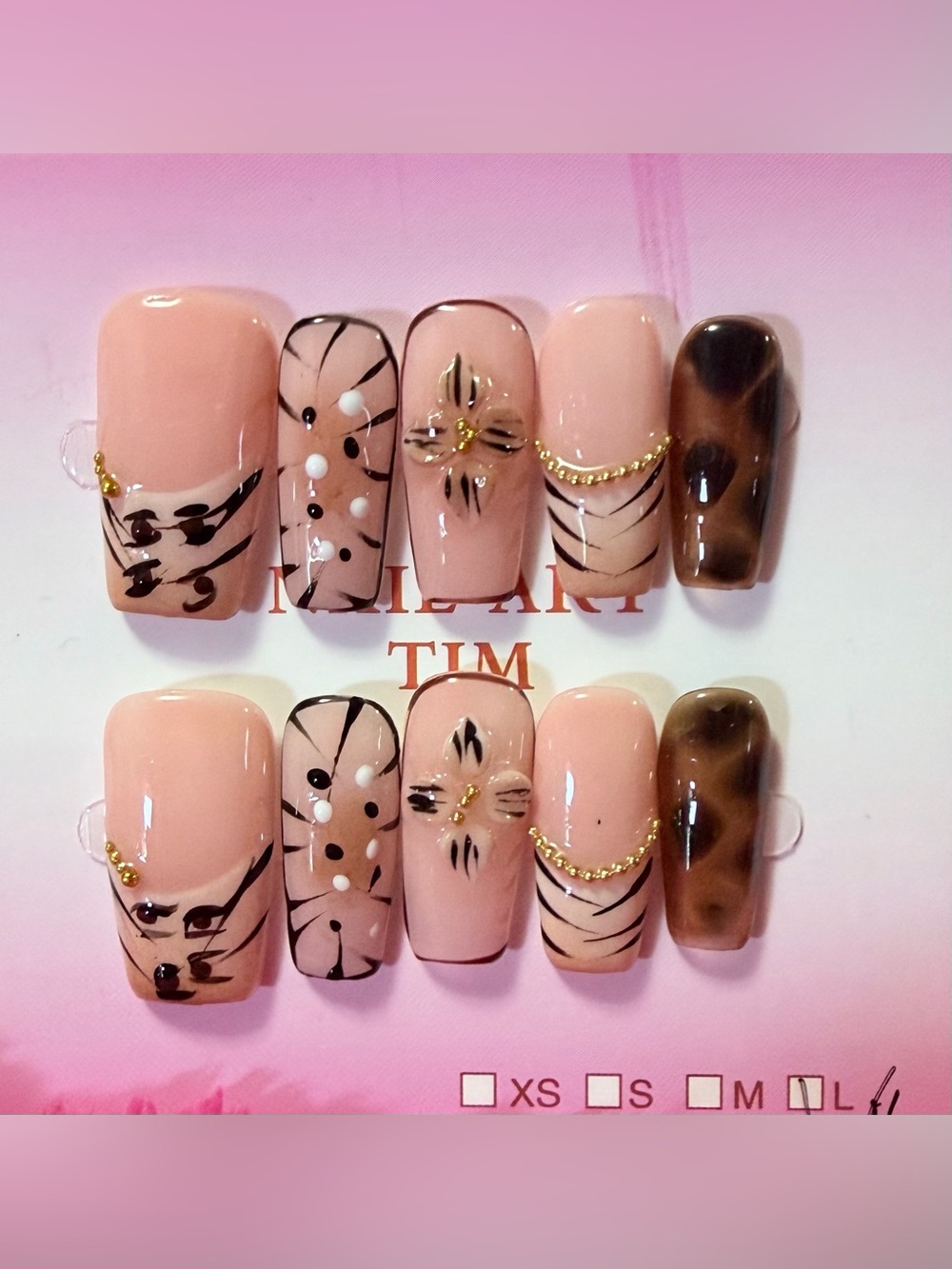 Neutral Pink Floral & Tortoiseshell Press-On Nail Set - Women Makeup